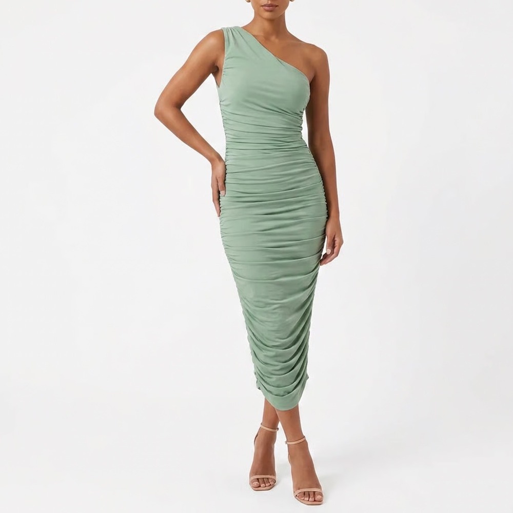 GB Fashion London One Shoulder Ruched Midi Dress Mint Green Large